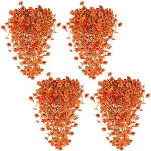 4 Pcs Artificial Hanging Fall Flowers Fall Decorations, Fake Mums for Outdoor